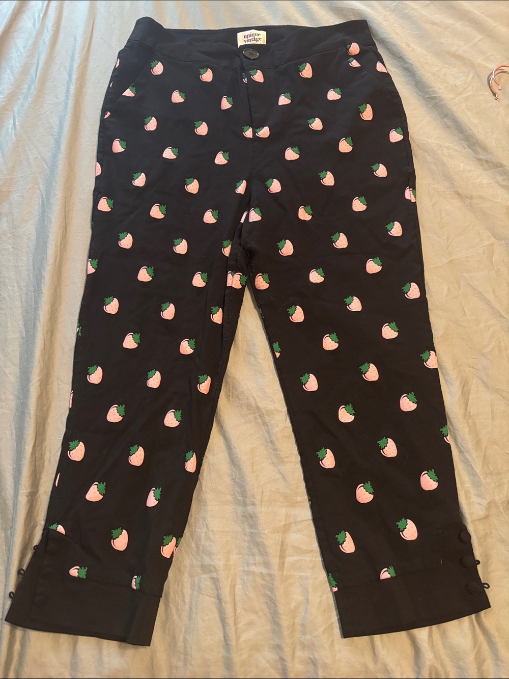Unique Vintage Black Capris with Pink Strawberry Pattern